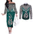 Aotearoa New Zealand Couples Matching Off The Shoulder Long Sleeve Dress and Long Sleeve Button Shirts Silver Fern and Matau with Maori Tribal Turquoise Style LT03 Turquoise - Polynesian Pride