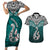 Aotearoa New Zealand Couples Matching Short Sleeve Bodycon Dress and Hawaiian Shirt Silver Fern and Matau with Maori Tribal Turquoise Style LT03 Turquoise - Polynesian Pride