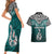 Aotearoa New Zealand Couples Matching Short Sleeve Bodycon Dress and Hawaiian Shirt Silver Fern and Matau with Maori Tribal Turquoise Style LT03 - Polynesian Pride