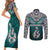 Aotearoa New Zealand Couples Matching Short Sleeve Bodycon Dress and Long Sleeve Button Shirts Silver Fern and Matau with Maori Tribal Turquoise Style LT03 - Polynesian Pride