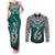 Aotearoa New Zealand Couples Matching Tank Maxi Dress and Long Sleeve Button Shirts Silver Fern and Matau with Maori Tribal Turquoise Style LT03 Turquoise - Polynesian Pride