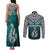 Aotearoa New Zealand Couples Matching Tank Maxi Dress and Long Sleeve Button Shirts Silver Fern and Matau with Maori Tribal Turquoise Style LT03 - Polynesian Pride