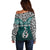 Aotearoa New Zealand Off Shoulder Sweater Silver Fern and Matau with Maori Tribal Turquoise Style LT03 - Polynesian Pride