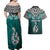 Custom Aotearoa New Zealand Couples Matching Off Shoulder Maxi Dress and Hawaiian Shirt Silver Fern and Matau with Maori Tribal Turquoise Style LT03 - Polynesian Pride