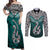 Custom Aotearoa New Zealand Couples Matching Off Shoulder Maxi Dress and Long Sleeve Button Shirts Silver Fern and Matau with Maori Tribal Turquoise Style LT03 Turquoise - Polynesian Pride