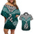 Custom Aotearoa New Zealand Couples Matching Off Shoulder Short Dress and Hawaiian Shirt Silver Fern and Matau with Maori Tribal Turquoise Style LT03 Turquoise - Polynesian Pride