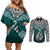 Custom Aotearoa New Zealand Couples Matching Off Shoulder Short Dress and Long Sleeve Button Shirts Silver Fern and Matau with Maori Tribal Turquoise Style LT03 Turquoise - Polynesian Pride