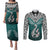 Custom Aotearoa New Zealand Couples Matching Puletasi Dress and Long Sleeve Button Shirts Silver Fern and Matau with Maori Tribal Turquoise Style LT03 Turquoise - Polynesian Pride