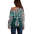 Custom Aotearoa New Zealand Off Shoulder Sweater Silver Fern and Matau with Maori Tribal Turquoise Style LT03 - Polynesian Pride