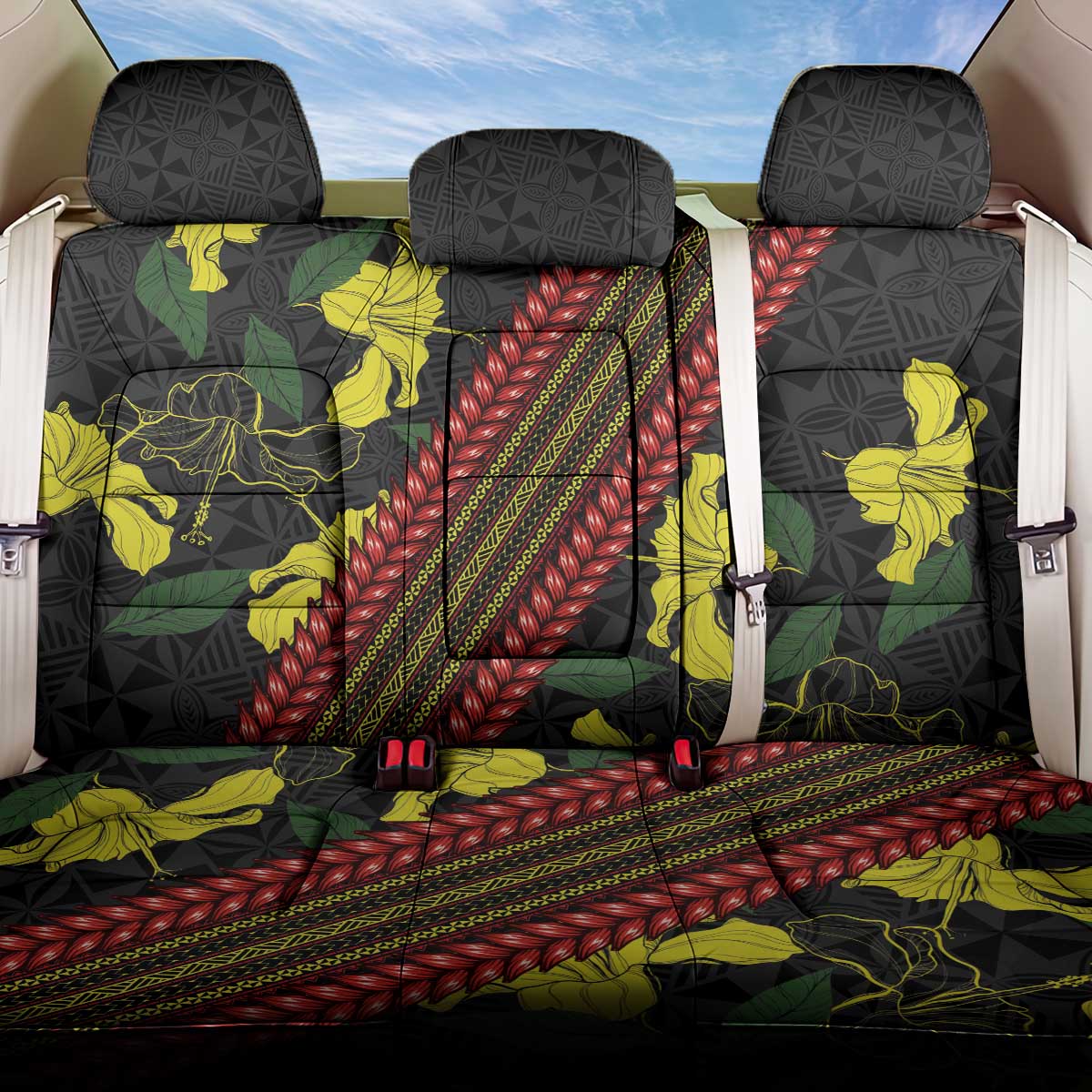 Samoan Culture Back Car Seat Cover Hibiscus and Ula Fala with Tapa Pattern Black Color LT03 One Size Black - Polynesian Pride