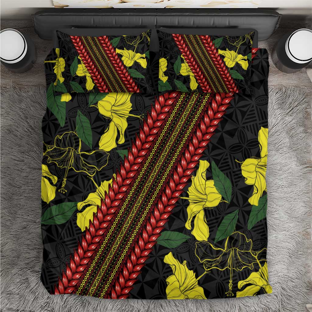 Samoan Culture Bedding Set Hibiscus and Ula Fala with Tapa Pattern Black Color LT03 Black - Polynesian Pride