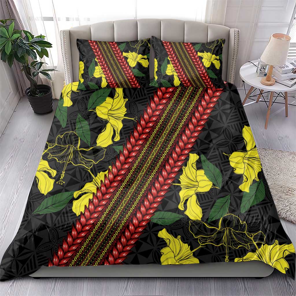 Samoan Culture Bedding Set Hibiscus and Ula Fala with Tapa Pattern Black Color LT03 - Polynesian Pride