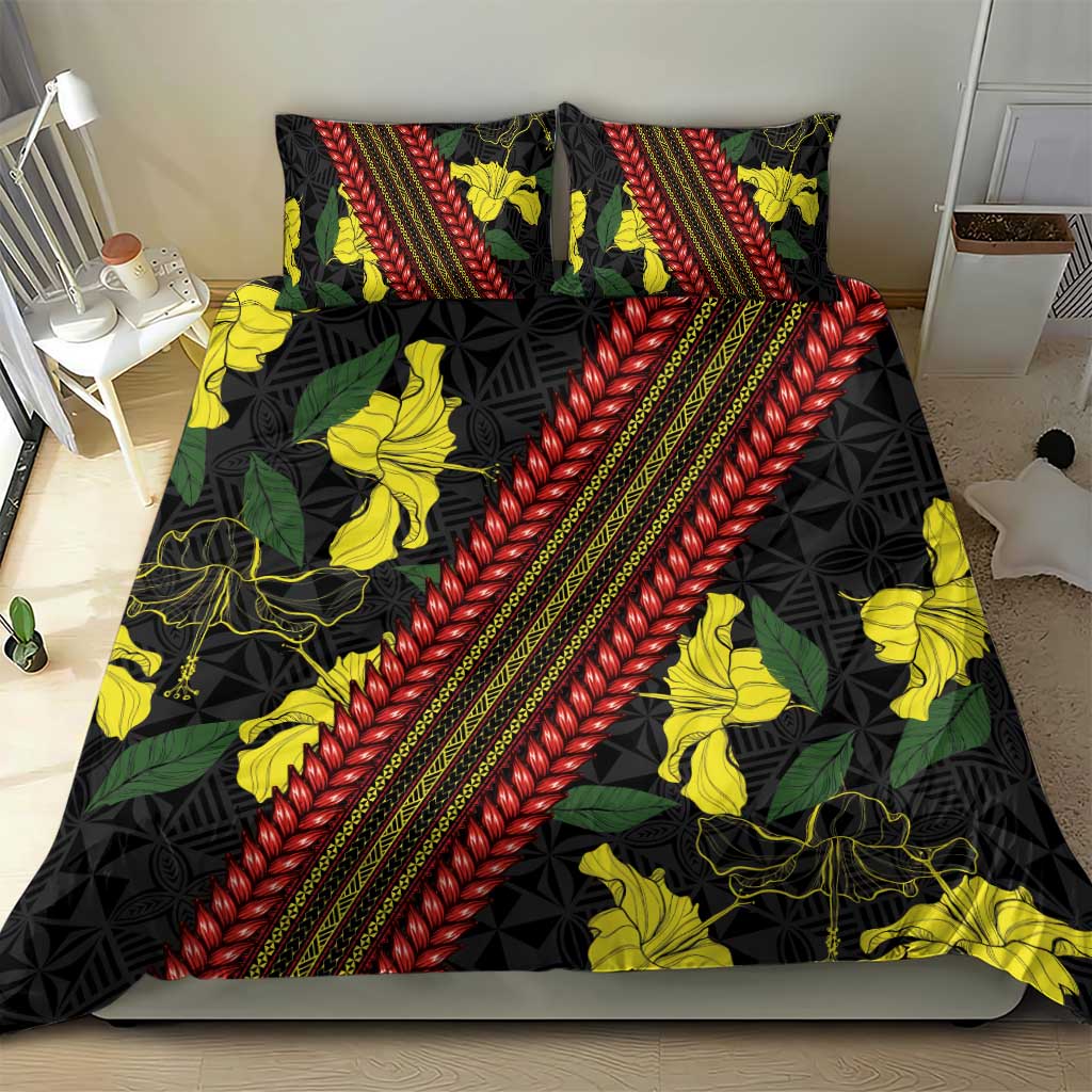 Samoan Culture Bedding Set Hibiscus and Ula Fala with Tapa Pattern Black Color LT03 - Polynesian Pride