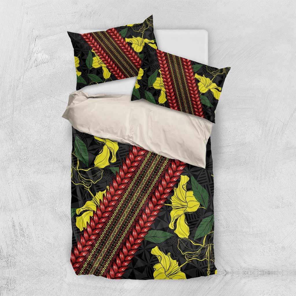 Samoan Culture Bedding Set Hibiscus and Ula Fala with Tapa Pattern Black Color LT03 US Twin 172cm x 218cm Black - Polynesian Pride