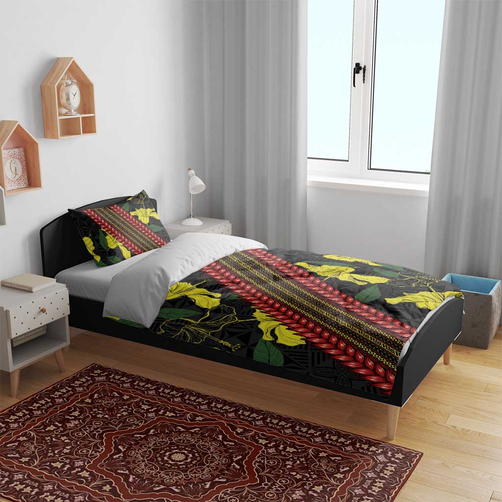Samoan Culture Bedding Set Hibiscus and Ula Fala with Tapa Pattern Black Color LT03 - Polynesian Pride