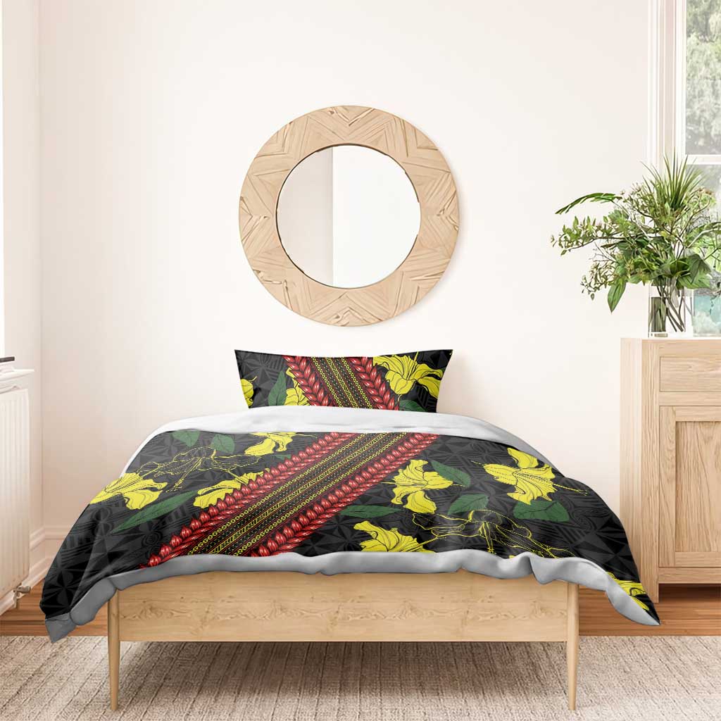 Samoan Culture Bedding Set Hibiscus and Ula Fala with Tapa Pattern Black Color LT03 - Polynesian Pride