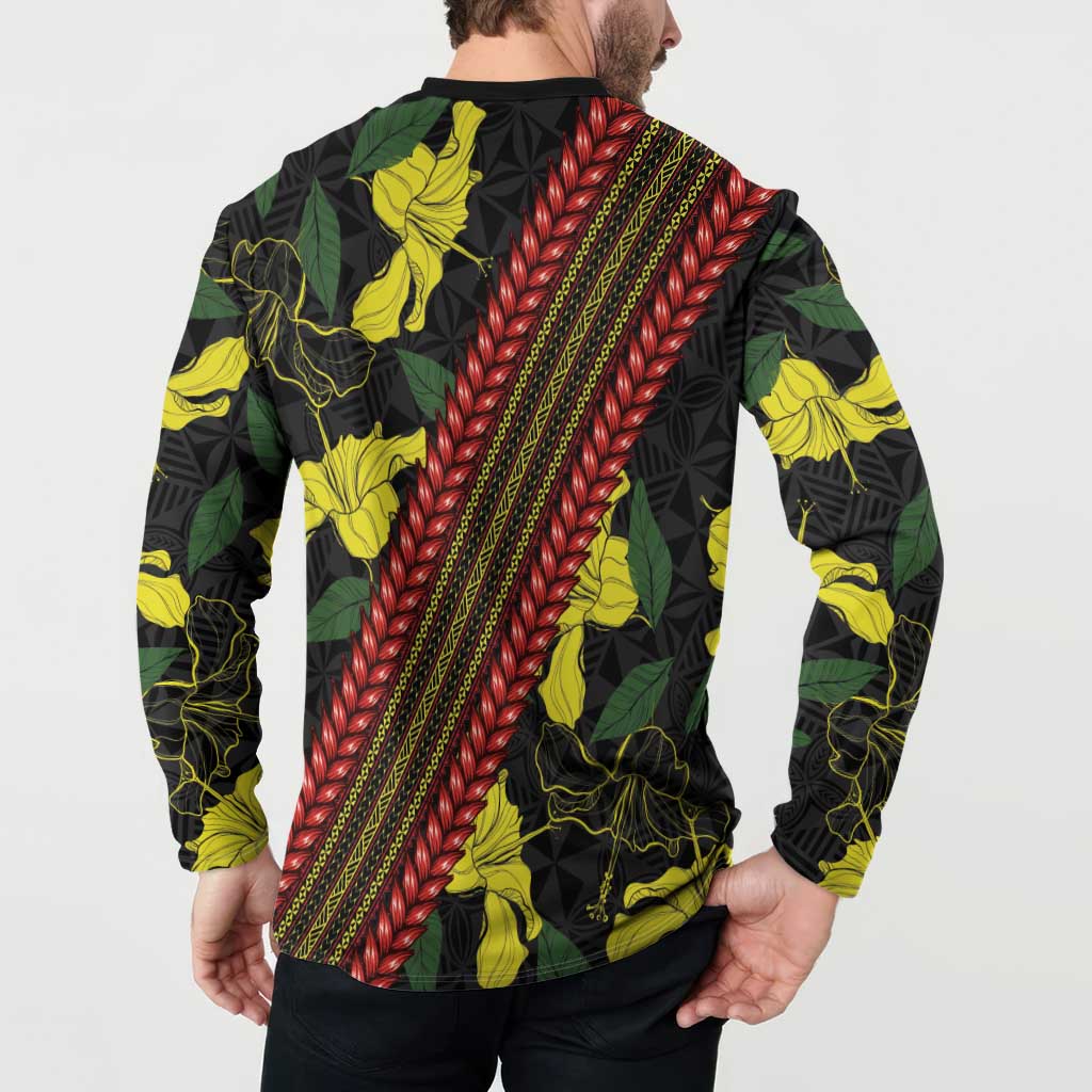 Samoan Culture Button Sweatshirt Hibiscus and Ula Fala with Tapa Pattern Black Color LT03 - Polynesian Pride