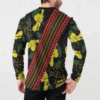 Samoan Culture Button Sweatshirt Hibiscus and Ula Fala with Tapa Pattern Black Color LT03 - Polynesian Pride