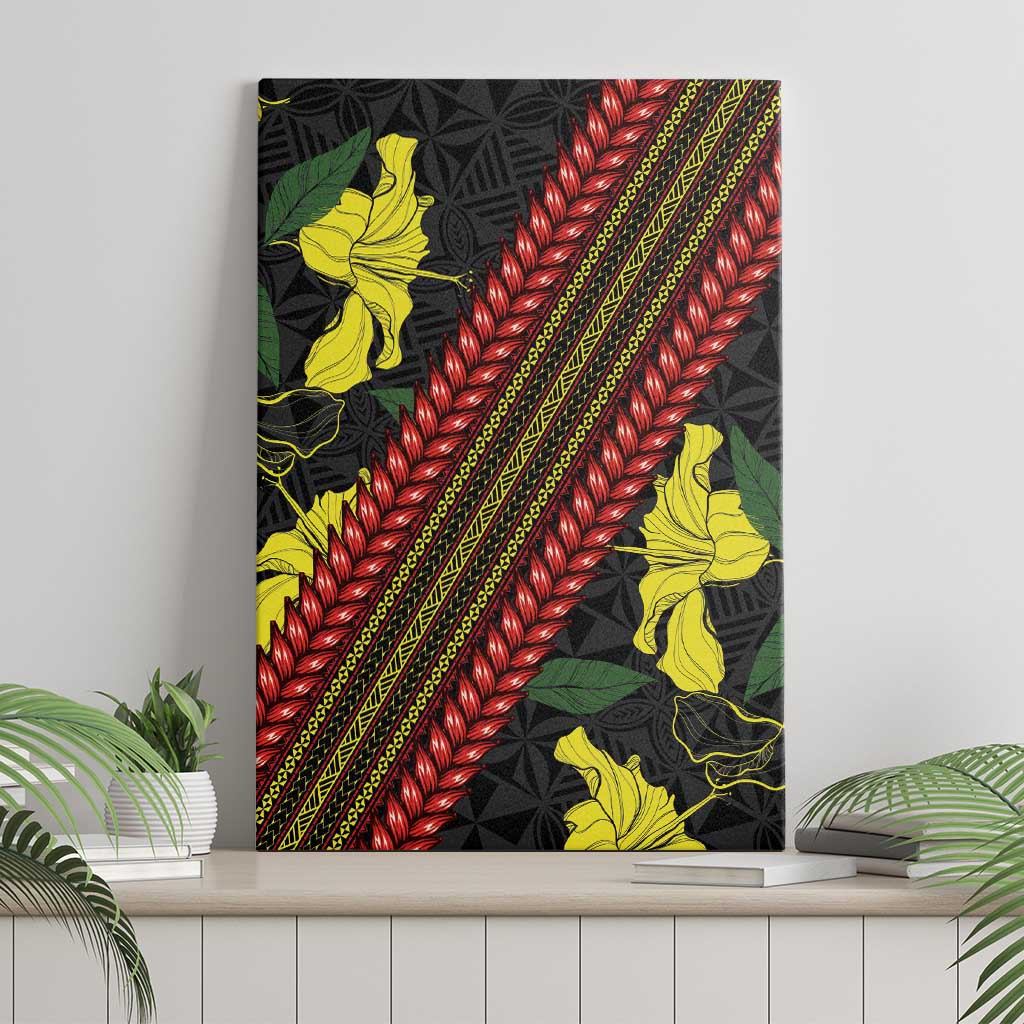 Samoan Culture Canvas Wall Art Hibiscus and Ula Fala with Tapa Pattern Black Color LT03 - Polynesian Pride