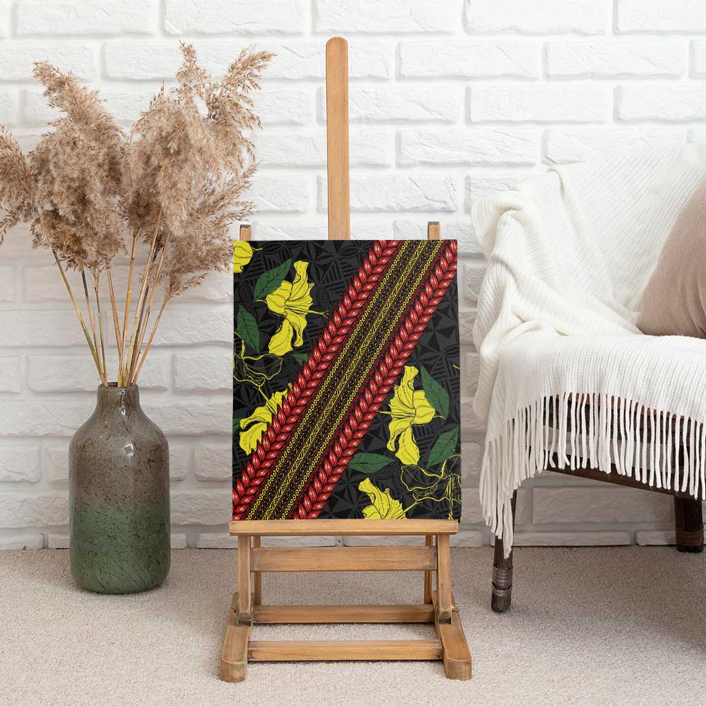 Samoan Culture Canvas Wall Art Hibiscus and Ula Fala with Tapa Pattern Black Color LT03 - Polynesian Pride