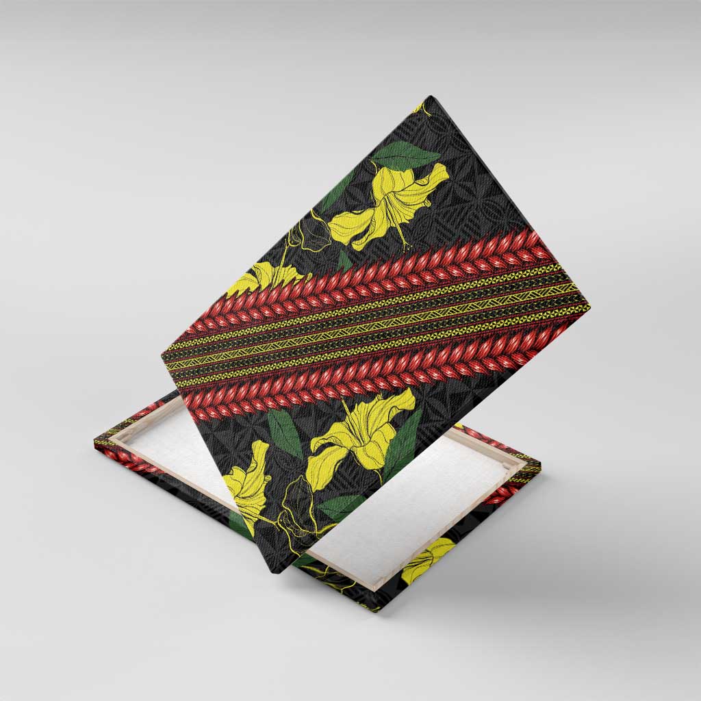 Samoan Culture Canvas Wall Art Hibiscus and Ula Fala with Tapa Pattern Black Color LT03 With Frame Black - Polynesian Pride