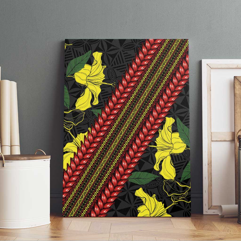 Samoan Culture Canvas Wall Art Hibiscus and Ula Fala with Tapa Pattern Black Color LT03 - Polynesian Pride