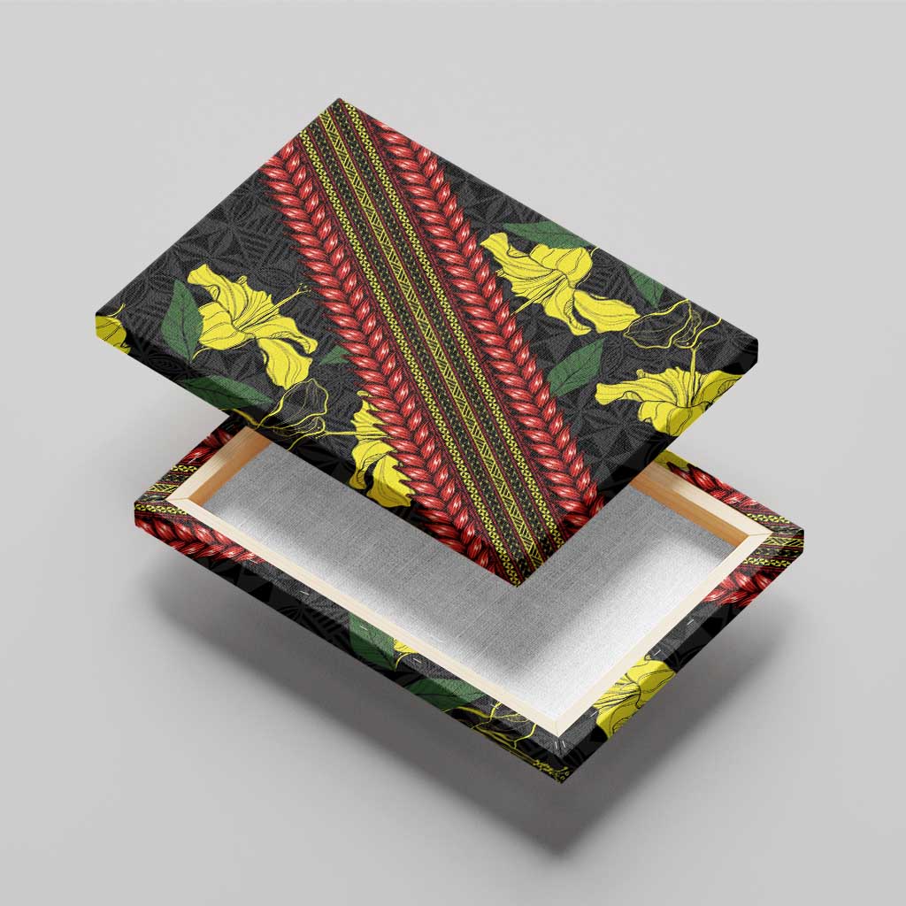 Samoan Culture Canvas Wall Art Hibiscus and Ula Fala with Tapa Pattern Black Color LT03 - Polynesian Pride