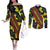 Samoan Culture Couples Matching Off The Shoulder Long Sleeve Dress and Long Sleeve Button Shirt Hibiscus and Ula Fala with Tapa Pattern Black Color