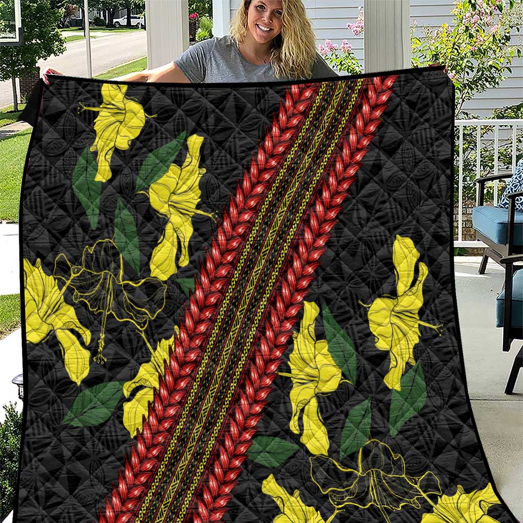 Samoan Culture Quilt Hibiscus and Ula Fala with Tapa Pattern Black Color