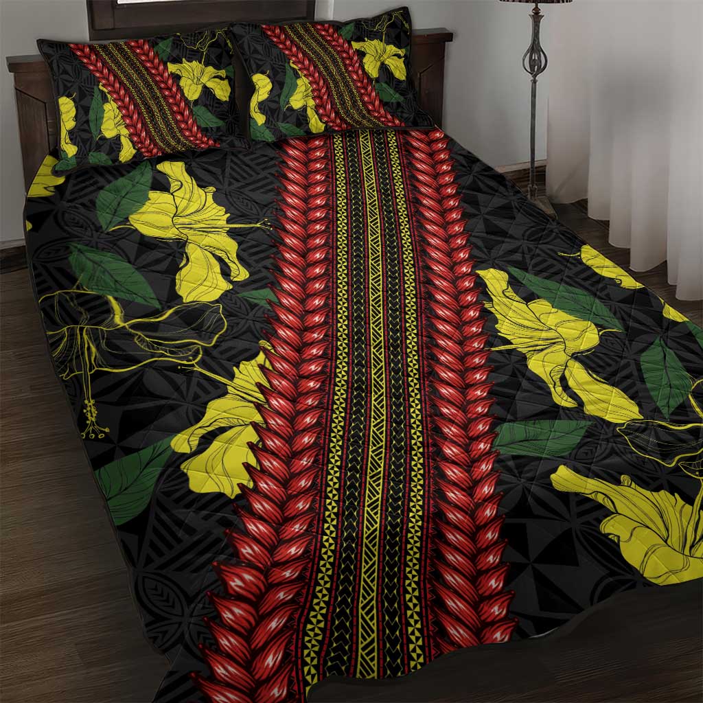 Samoan Culture Quilt Bed Set Hibiscus and Ula Fala with Tapa Pattern Black Color LT03 Black - Polynesian Pride