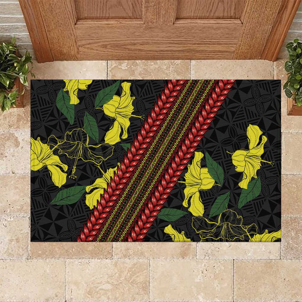 Samoan Culture Rubber Doormat Hibiscus and Ula Fala with Tapa Pattern Black Color LT03 Black - Polynesian Pride