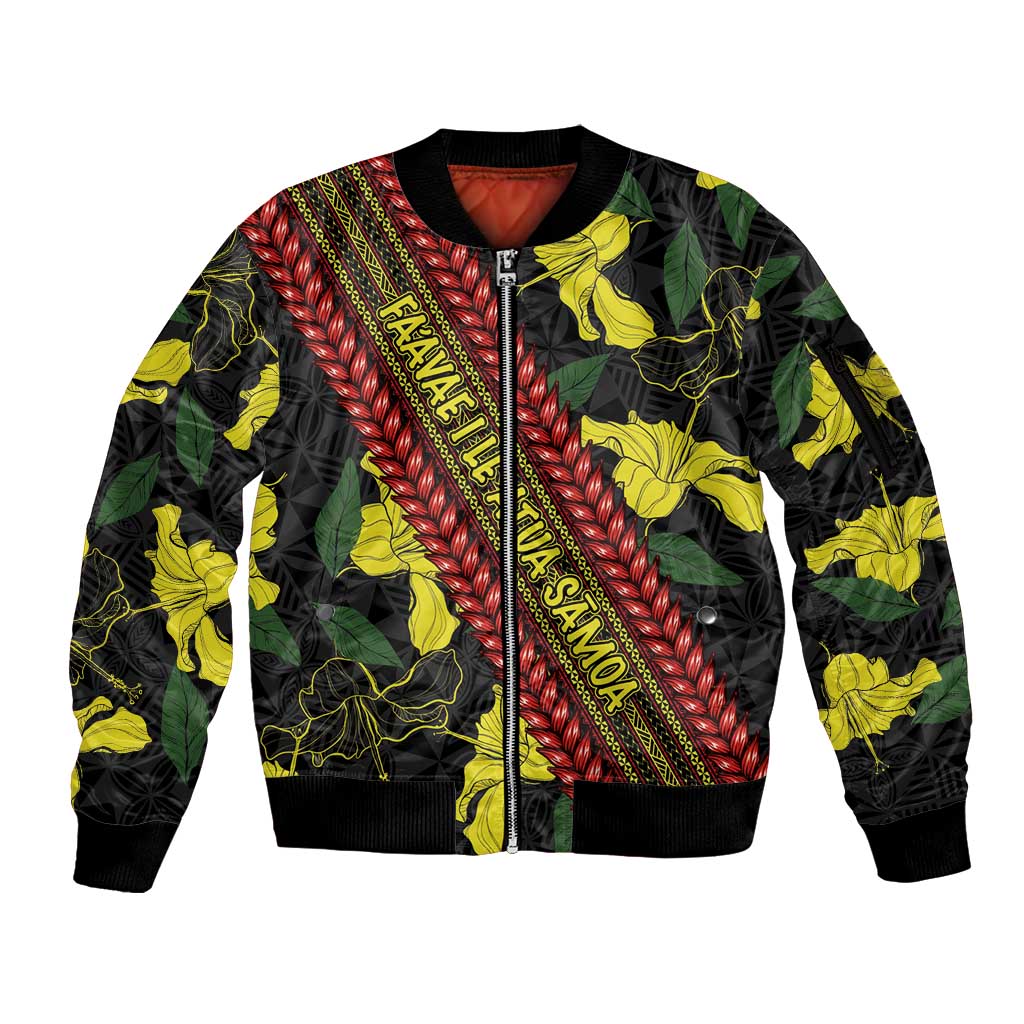 Samoan Culture Sleeve Zip Bomber Jacket Hibiscus and Ula Fala with Tapa Pattern Black Color LT03 Unisex Black - Polynesian Pride