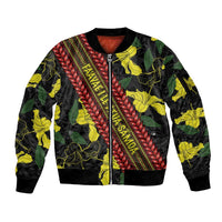 Samoan Culture Sleeve Zip Bomber Jacket Hibiscus and Ula Fala with Tapa Pattern Black Color LT03 Unisex Black - Polynesian Pride