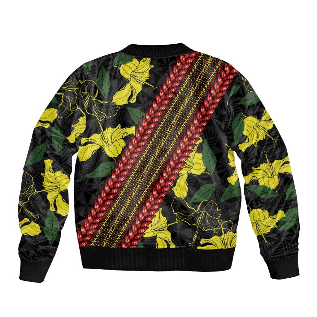 Samoan Culture Sleeve Zip Bomber Jacket Hibiscus and Ula Fala with Tapa Pattern Black Color LT03 - Polynesian Pride