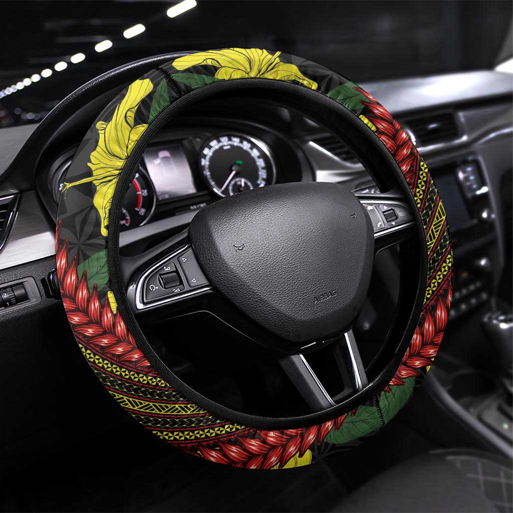 Samoan Culture Steering Wheel Cover Hibiscus and Ula Fala with Tapa Pattern Black Color