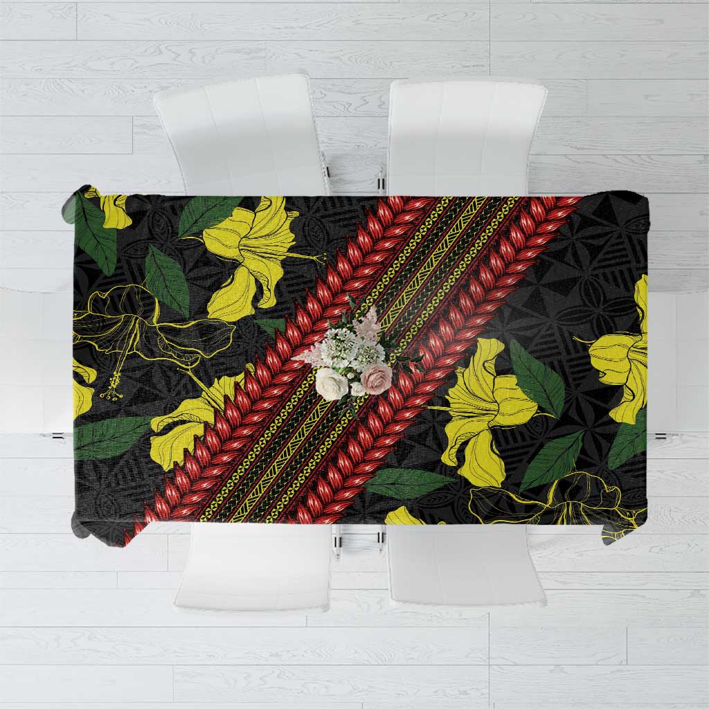 Samoan Culture Tablecloth Hibiscus and Ula Fala with Tapa Pattern Black Color LT03 Black - Polynesian Pride