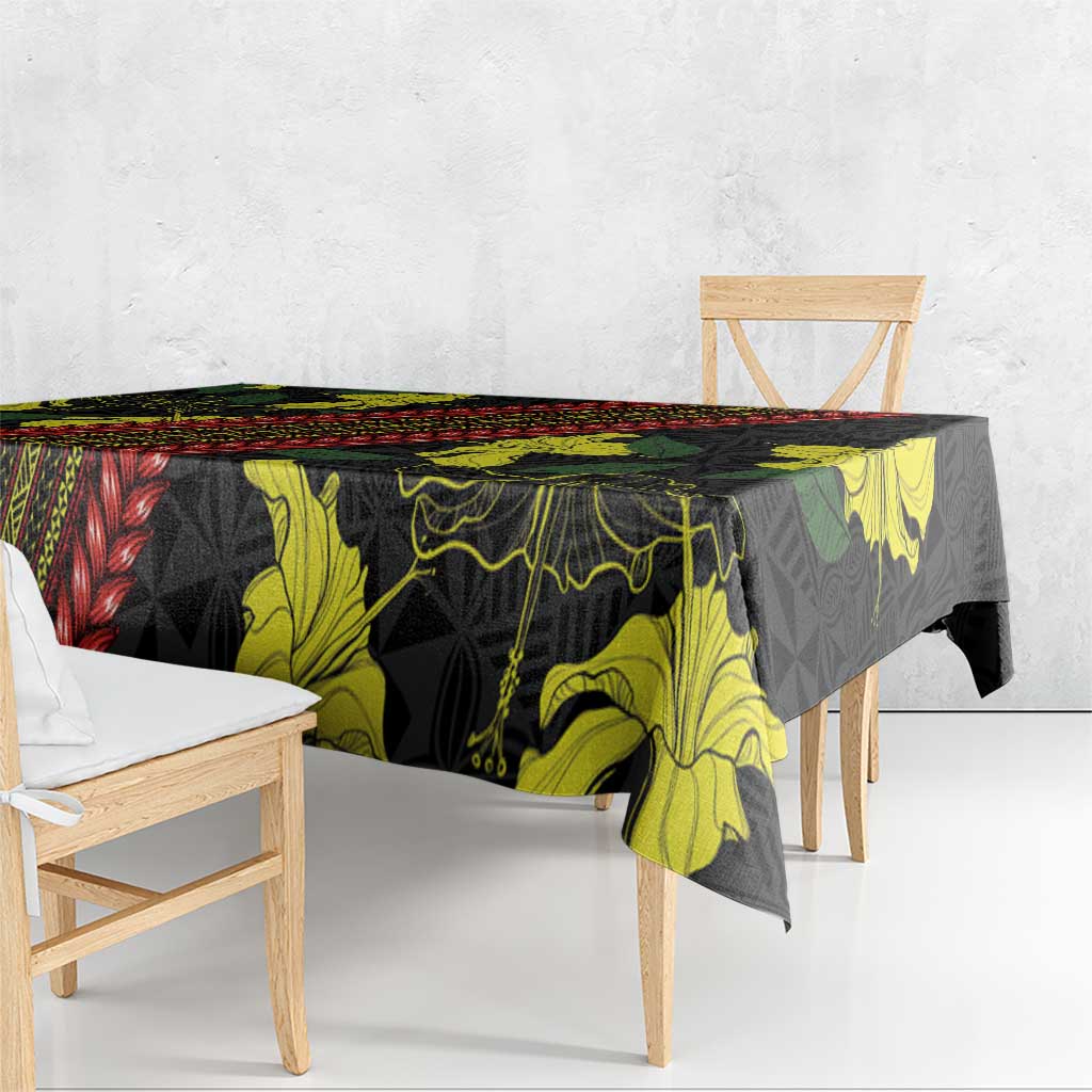 Samoan Culture Tablecloth Hibiscus and Ula Fala with Tapa Pattern Black Color LT03 - Polynesian Pride