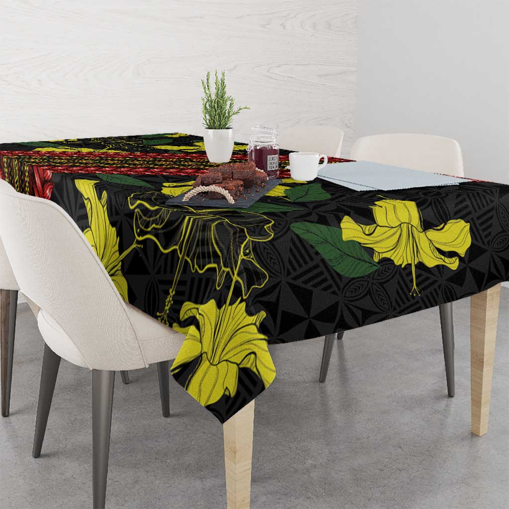 Samoan Culture Tablecloth Hibiscus and Ula Fala with Tapa Pattern Black Color LT03 - Polynesian Pride