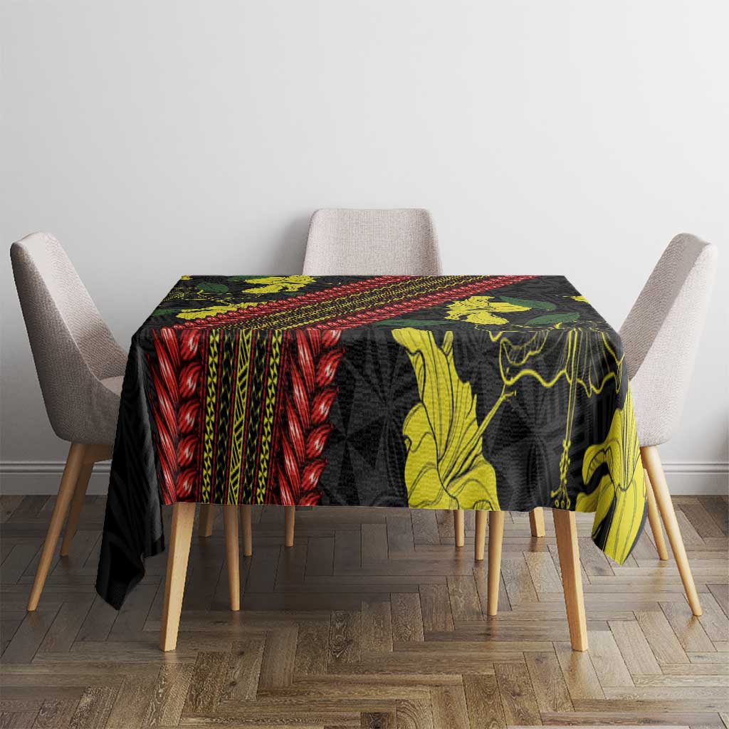 Samoan Culture Tablecloth Hibiscus and Ula Fala with Tapa Pattern Black Color LT03 - Polynesian Pride