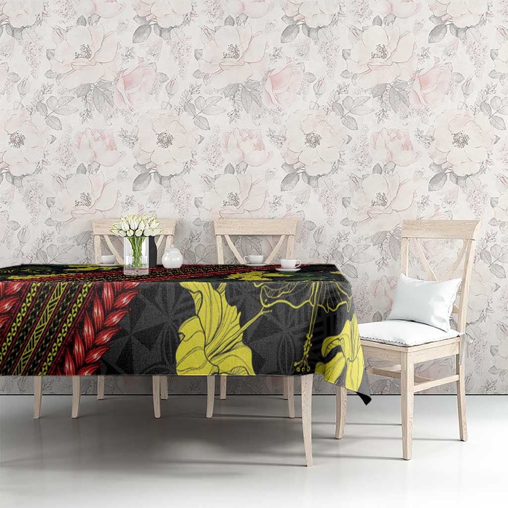 Samoan Culture Tablecloth Hibiscus and Ula Fala with Tapa Pattern Black Color LT03 - Polynesian Pride