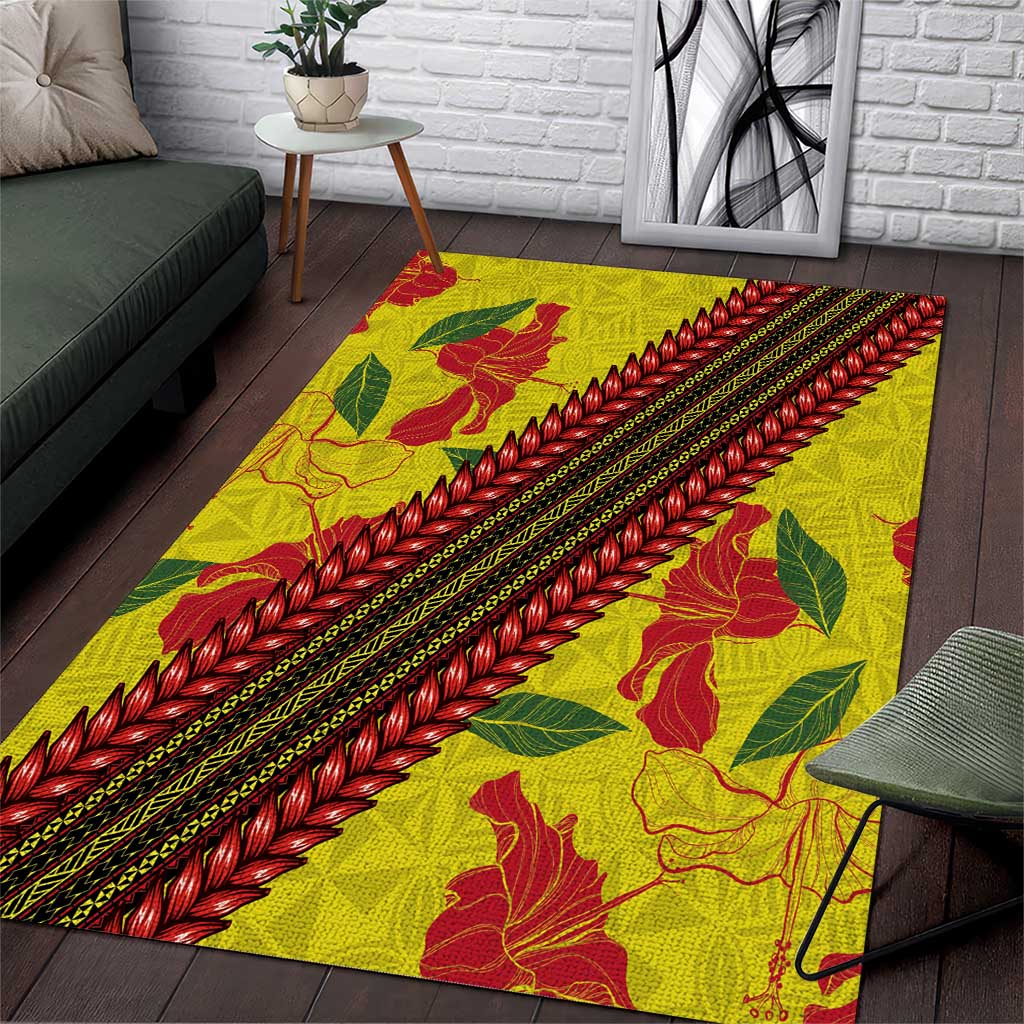 Samoan Culture Area Rug Hibiscus and Ula Fala with Tapa Pattern Yellow Color LT03 Yellow - Polynesian Pride