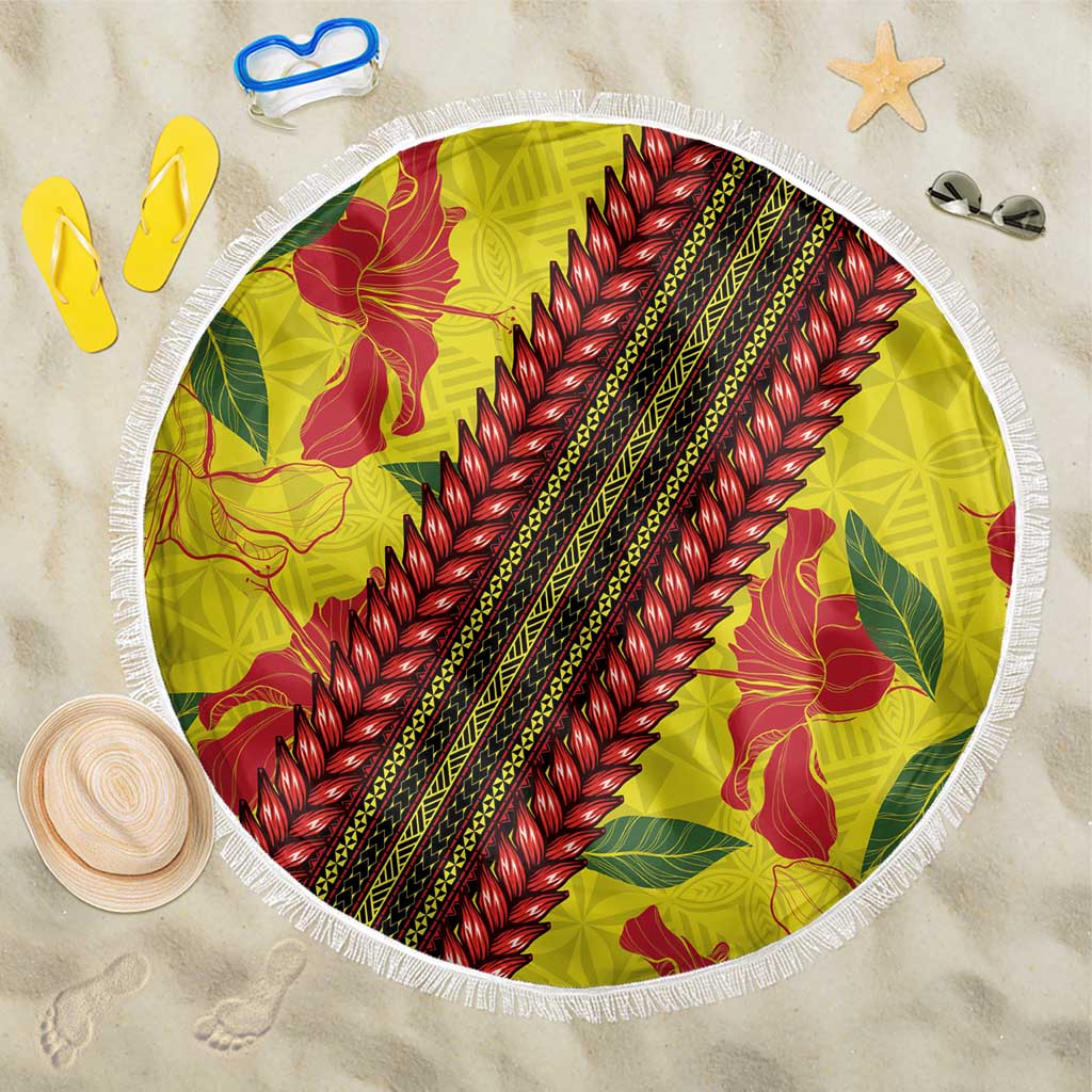 Samoan Culture Beach Blanket Hibiscus and Ula Fala with Tapa Pattern Yellow Color LT03 One Size 150cm Yellow - Polynesian Pride
