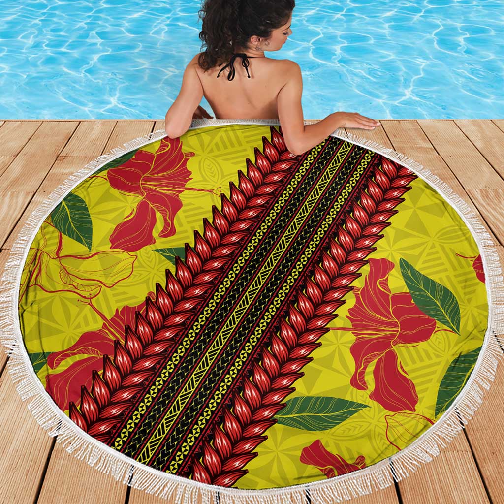 Samoan Culture Beach Blanket Hibiscus and Ula Fala with Tapa Pattern Yellow Color LT03 - Polynesian Pride
