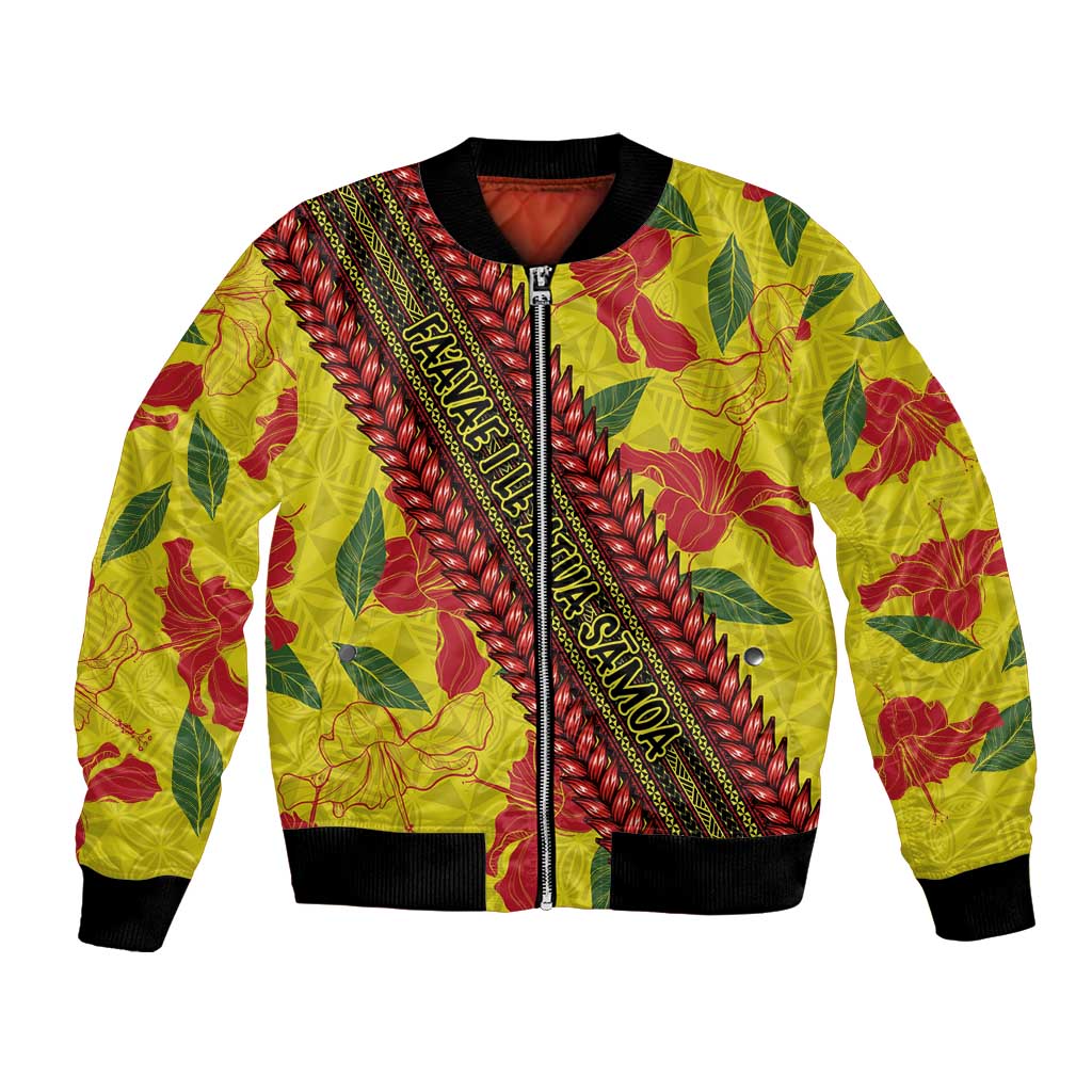 Samoan Culture Bomber Jacket Hibiscus and Ula Fala with Tapa Pattern YellowColor LT03 Unisex Yellow - Polynesian Pride