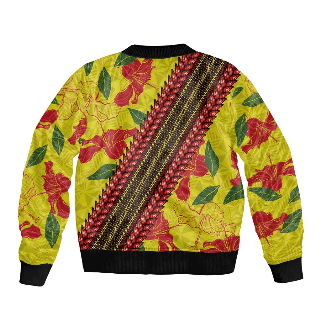 Samoan Culture Bomber Jacket Hibiscus and Ula Fala with Tapa Pattern YellowColor LT03 - Polynesian Pride
