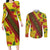 Samoan Culture Couples Matching Long Sleeve Bodycon Dress and Long Sleeve Button Shirt Hibiscus and Ula Fala with Tapa Pattern YellowColor