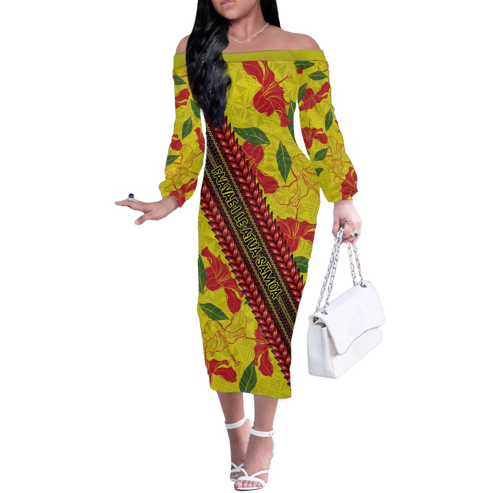 Samoan Culture Off The Shoulder Long Sleeve Dress Hibiscus and Ula Fala with Tapa Pattern YellowColor LT03 Women Yellow - Polynesian Pride