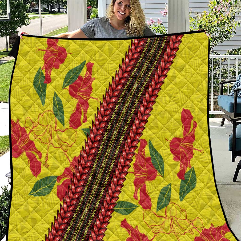 Samoan Culture Quilt Hibiscus and Ula Fala with Tapa Pattern Yellow Color