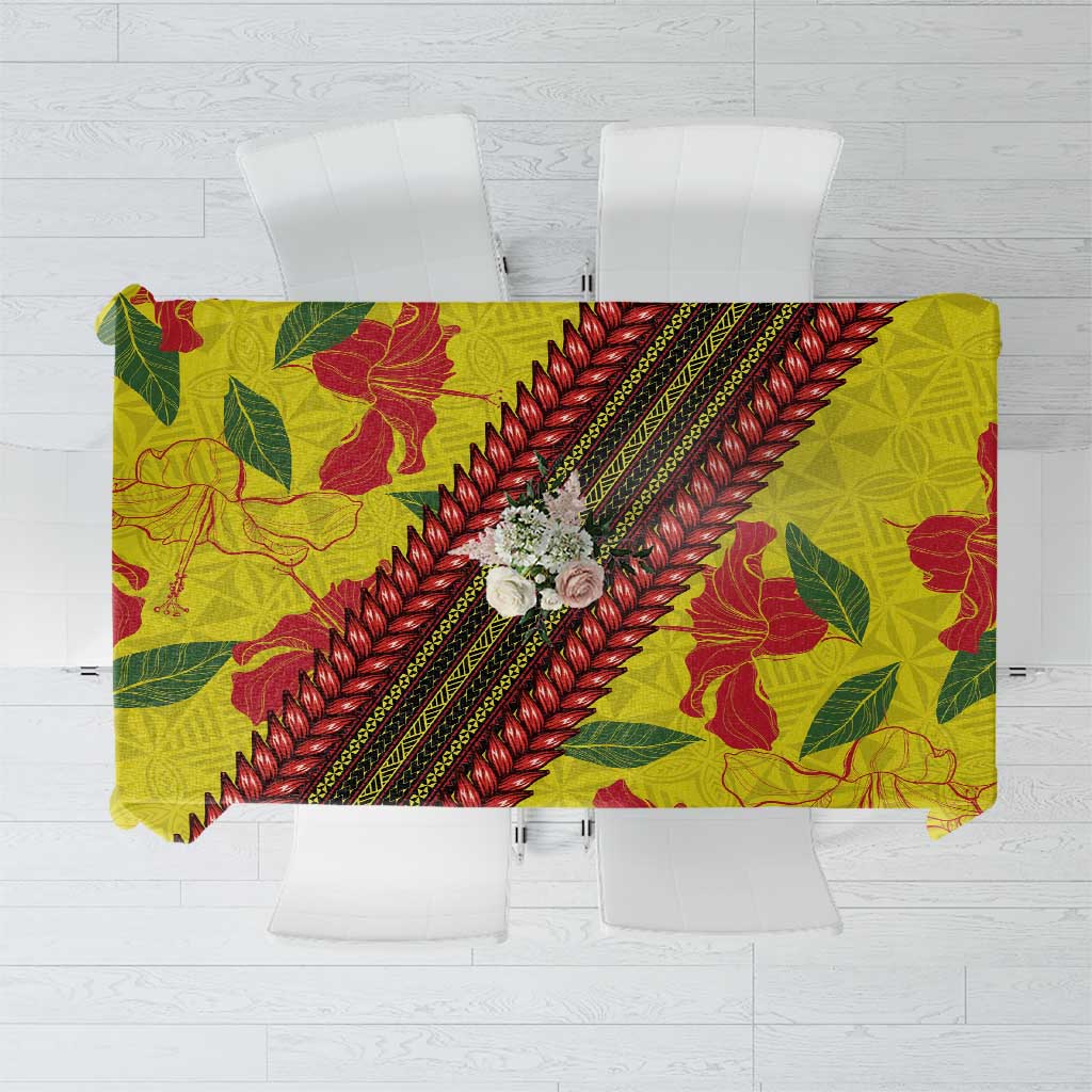 Samoan Culture Tablecloth Hibiscus and Ula Fala with Tapa Pattern Yellow Color