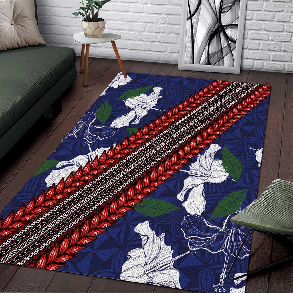 Samoan Culture Area Rug Hibiscus and Ula Fala with Tapa Pattern Blue Color LT03 Blue - Polynesian Pride